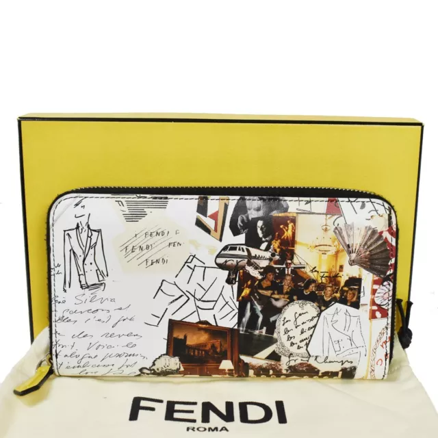 FENDI Logo Karl Lagerfeld Collage Long Zipper Wallet Leather Black White 83KA074