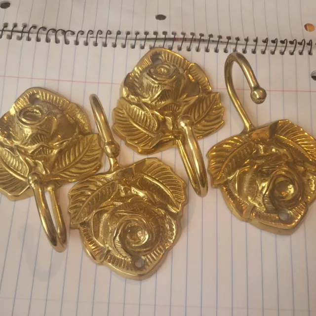 Vtg  Brass Rose Flower Curtain Holdback Wall Hook Coat Hanger Robe Hook Set of 4