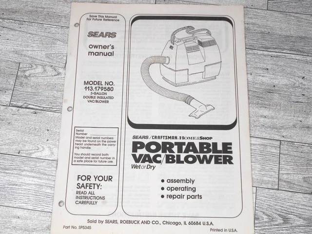 Aspiradora portátil Sears Craftsman modelo 113.179580 3 galones manual propietario