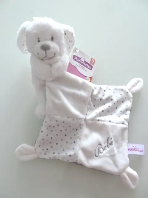 *. Doudou Peluche Pommette Lapin Blanc Mouchoir Gris Pois  Bebe Etiquette Neuf