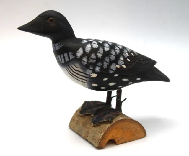 Vintage Hand Carved And Painted Wooden Loon on Log Figurine