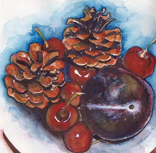 8x8 Still Life Watercolor Art PRINT of Painting Pinecones Cherries Plum by VERN