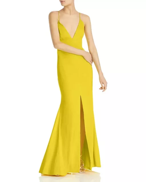 Aidan by Aidan Mattox V-Neck Mermaid Gown Women's 4 Lemon Front Slit Back Zip