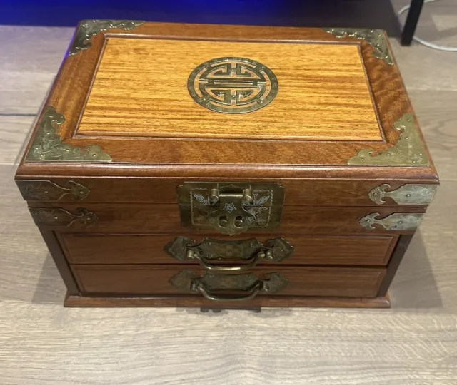 George Zee Oriental Wood & Brass Jewelry Box Chest 2 Lined Drawers 12" x 8" x 8"