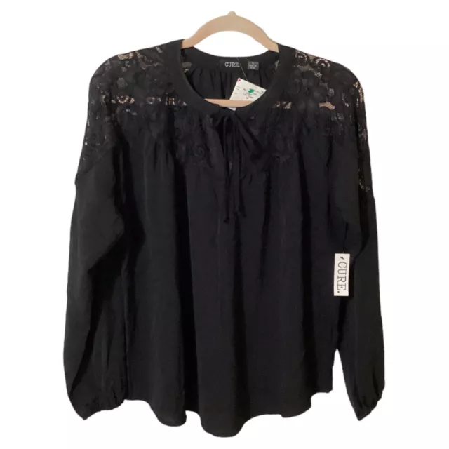 Cure. Women’s Tie Neck Long Balloon Sleeve Lace Detail Top Black Blouse Size M