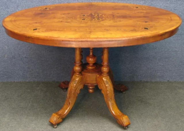 Victorian Loo Table With Inlaid Burr Walnut Oval Top And Carved Walnut Base 2