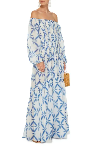 ERMANNO SCERVINO Blue White Cotton Print Off The Shoulder Maxi Dress 40 4