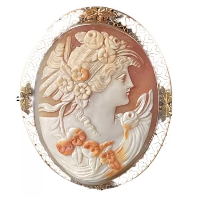 Large Estate 2” Shell Cameo in 14k gold Filigree pendant/brooch