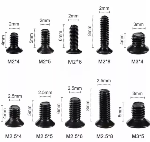 Micro Screws M2/M2.5/M3 All Lengths Full Thread Black Steel Phillips Head