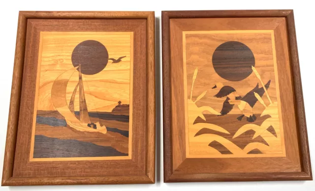 (2) Vintage Marquetry Inlaid Wood Artwork Framed + Signed 15" X 12"