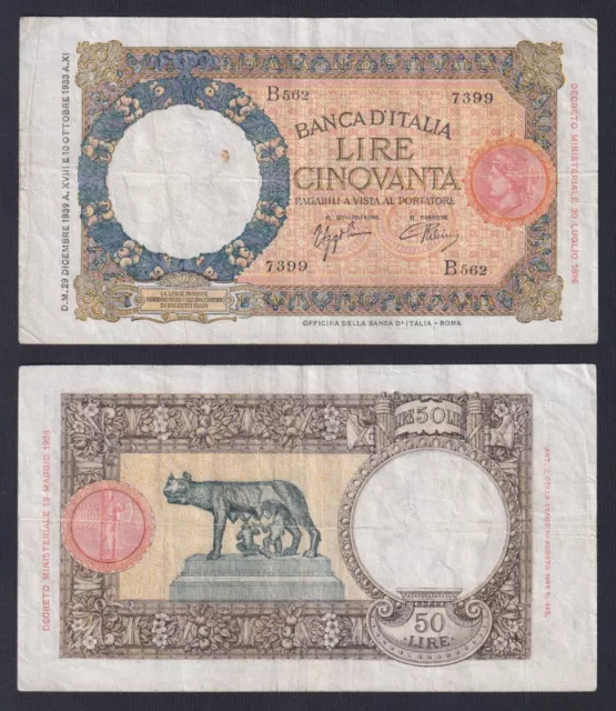 Italia 50 Liras Laufenberg 1939P 54b BB / VF B-01