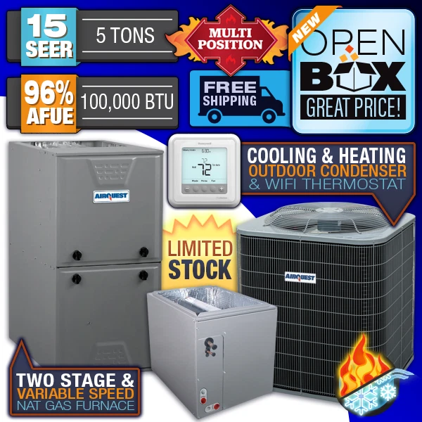 5 Ton 15 SEER 96% 100K BTU AirQuest 2 Stage Gas Furnace & AC + Heat Pump System 5 Ton 15 SEER 96% 100K BTU AirQuest 2 Stage Gas Furnace & AC + Heat Pump System