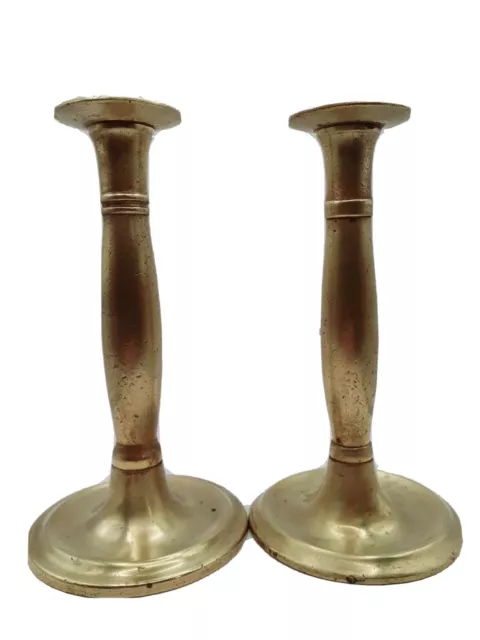 Antique Pair 19th Century Brass Push Up Candlesticks Bottom Screw Mechanism 8"