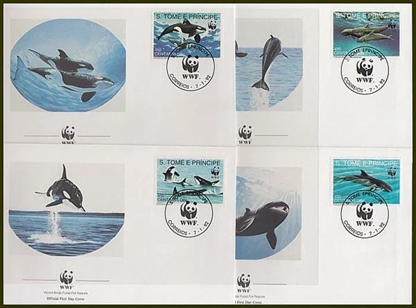 ST. THOMAS & PRINCE 1992 WWF DOLPHINS FDC's x4 (ID:563/D36444)