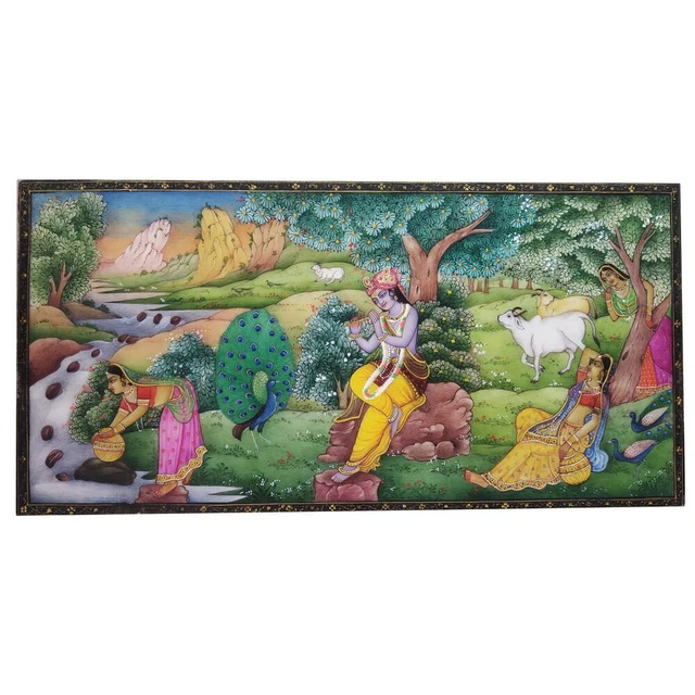DIPINTO 4&X 8& Radha Krishna fatto a mano India miniatura opera d'arte piastr... EUR 163,10