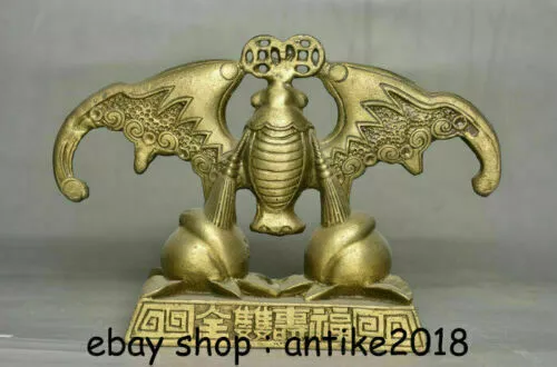 5.4" Old Chinese Copper Brass Fengshui Bat Peach Auspicious Statue Sculpture