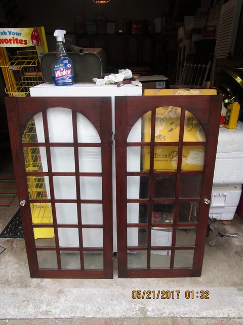 Antique Pair 18 Lite 47 in x44  Glass Doors Vintage Old  walnut wood bevELD glas