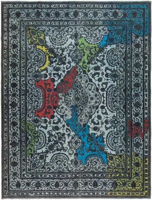 Grand Tapis Perse Noué Main Vintage 340x253 Cm - Laine Et Coton - Gris Moderne
