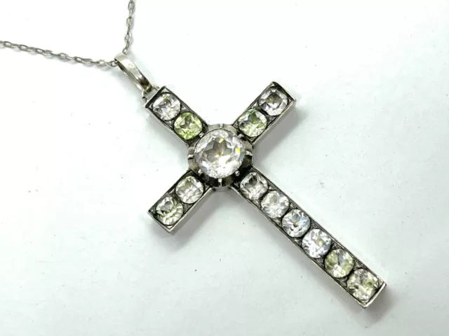 Large Late Georgian Sterling Silver Clear Paste Cross Pendant Necklace