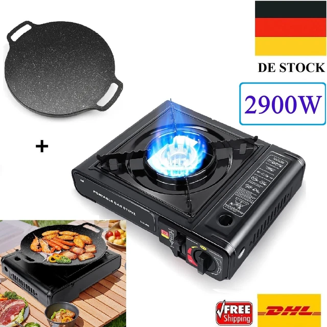 Loobiiny Camping Gasherd Mit Grillplatte - Tischgrill Mit Piezozündung Und Fettauffangschale Blau