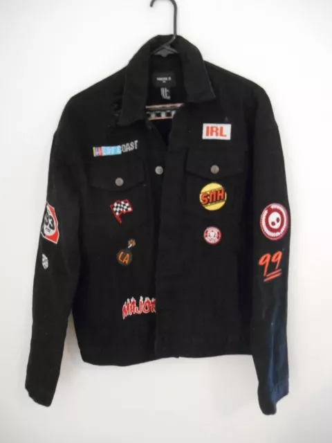 Forever 21 Black Denim Embroidered Racing Patch Jacket Mens XS