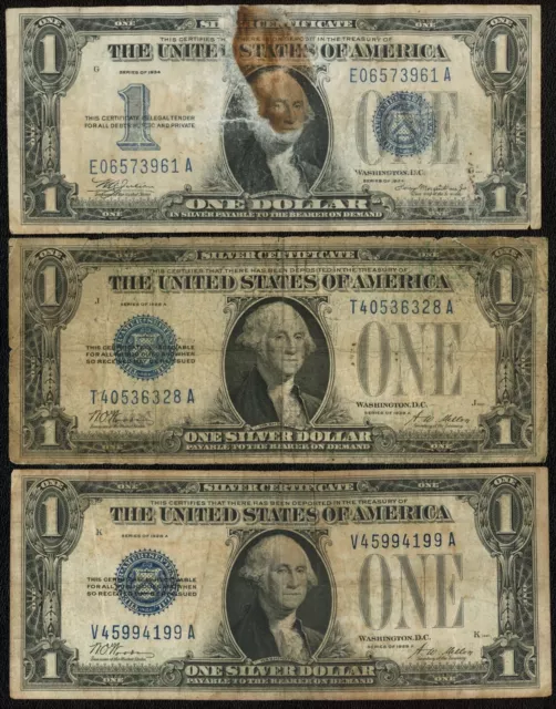 Lot of 3 $1 One Dollar Funnyback Silver Certificate Notes (2x 1928 A & 1934)