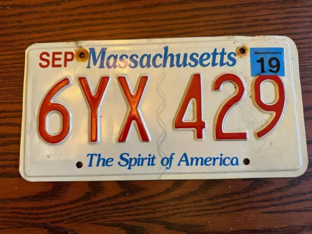 2019 Massachusetts License Plate 6YX 429 Spirit of America MA USA Metal Sept
