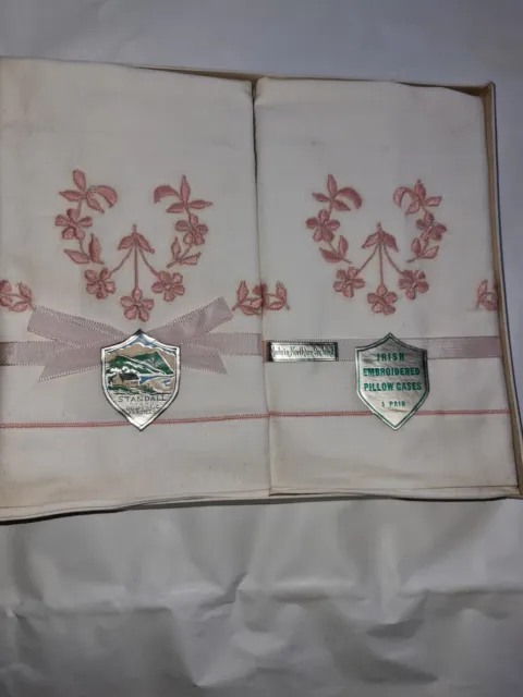 Vintage Set Of New Irish Pink Embroidered Pillow Cases &  Bolster /Original Box.