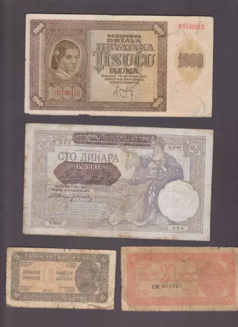 Yugoslavia Serbia Croatia set  4 banknotes 10 20 100 1000 Dinara Kuna 1941 1944