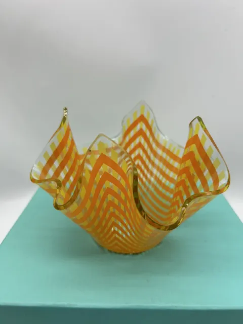 Vintage Glass Handkerchief Bowl Vase Chance Bros Orange Yellow Check Mid Century