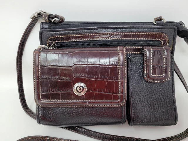 Brighton Crossbody Organizer Purse Black Leather Brown Croc Embossed