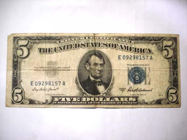 1953 Five Dollar Blue Seal Silver Certificate Print Not Centered Uneven Borders