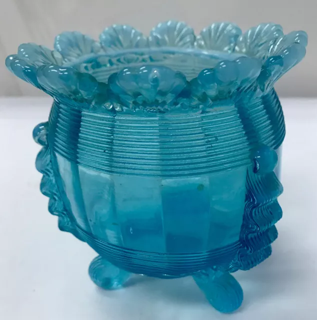 Northwood Klondyke Fluted Scrolls Blue Opalescent footed Rose Bowl