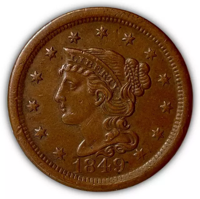 1849 Braided Hair Large Cent Choice Almost Uncirculated AU+ Coin #5925