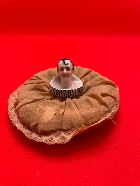 Pierrot Victorian Antique Pin Cushion (doll head and cushion).  Excellent, rare