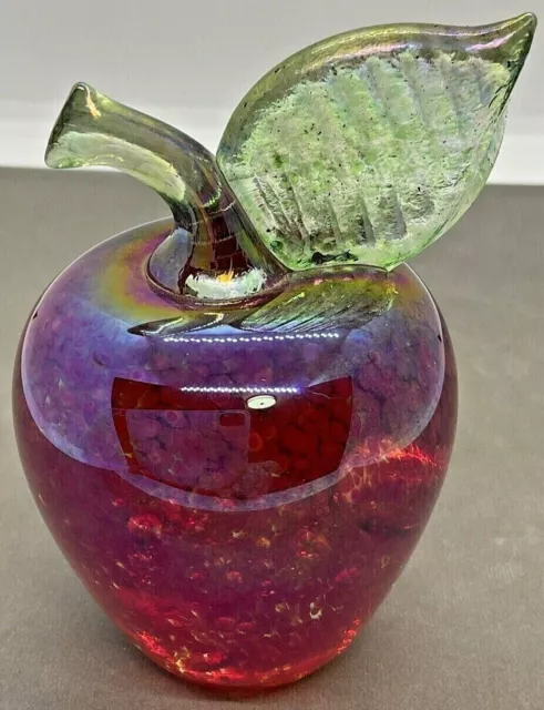 Vintage 1989 Roger Vines Glass Red Iridescent Apple Paperweight Signed Teacher