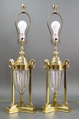 Pair French Neoclassical Style Heavy Brass & Crystal Glass Table Lamps