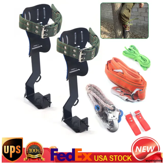 Adjust Tree/Pole Climbing Spike Set 2 Gear Safety Belt Rope Lanyard w/ Carabiner