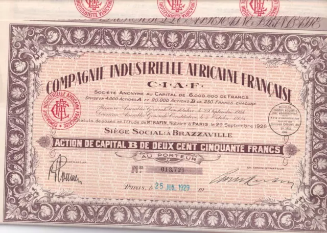 Compagnie Industrielle Africaine Française   Share certificate  1929 3