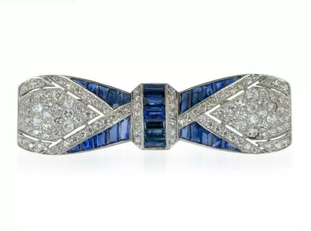 Stunning 20th Art Deco Style Sapphire & Clear CZ Set 925 Solid Silver Brooch Pin