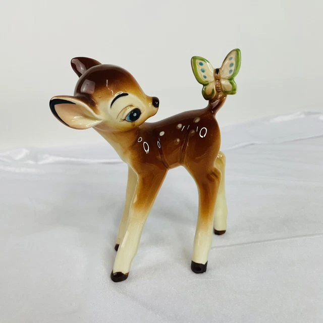 VINTAGE BAMBI WITH Butterfly Figure Ceramic Walt Disney Productions