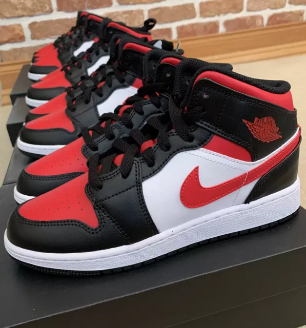 Nike Air Jordan 1 Mid GS Bred Toe White Fire Red GS ALL SIZES AVAILABLE
