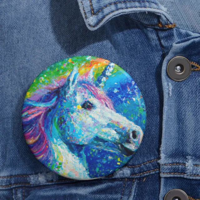Pin Back Button Rainbow Unicorn Retro Style Mythical Fantasy Cute Horse Colorful