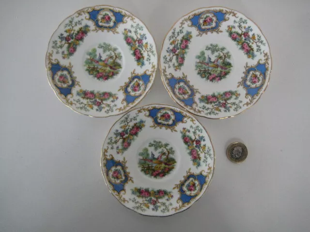 3 x VINTAGE FOLEY CHINA ENGLAND BROADWAY BLUE SMALL COFFEE SAUCERS COALPORT