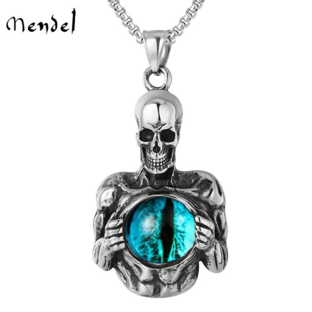 MENDEL Cool Mens Gothic Skeleton Skull Evil Eye Necklace Pendant Stainless Steel