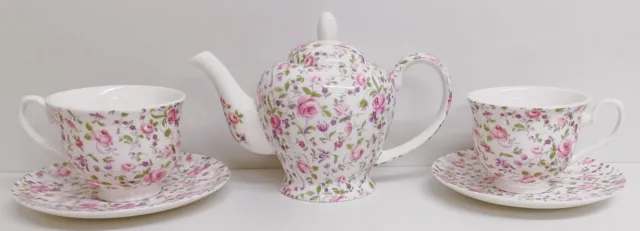 Royal Chelsea Rose Tea Set Bone China Teapot 2 Cups Saucers Pink & Purple Floral
