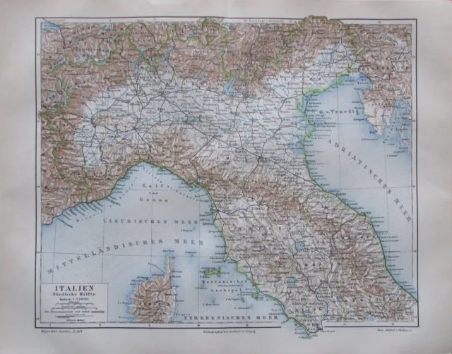 1897 Italien nördliche Hälfte - alte Landkarte Karte old map Lithografie