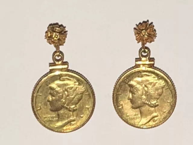 14K Gold Posts Backs Earrings 1944 Liberty Dimes In Bezel