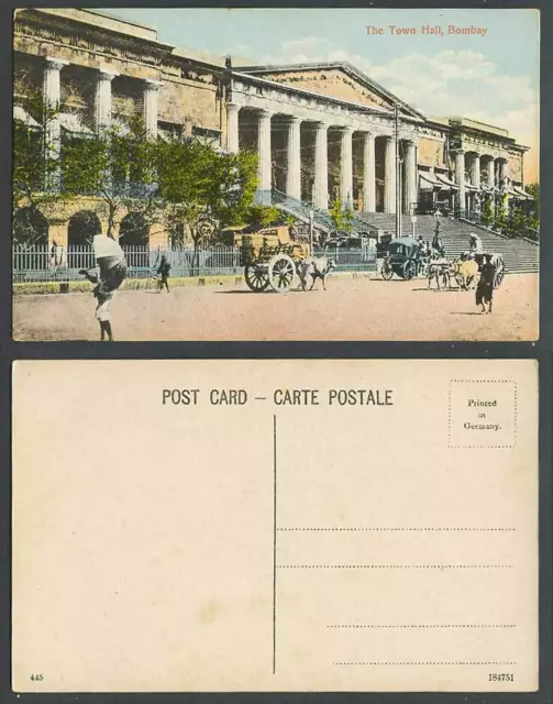 India Old Colour Postcard The Town Hall BOMBAY Double Bullock Carts Street Scene