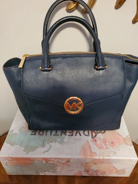 Michael Kors Signature Pebbled Leather NAVY Hudson Satchel Bag Pre-owned